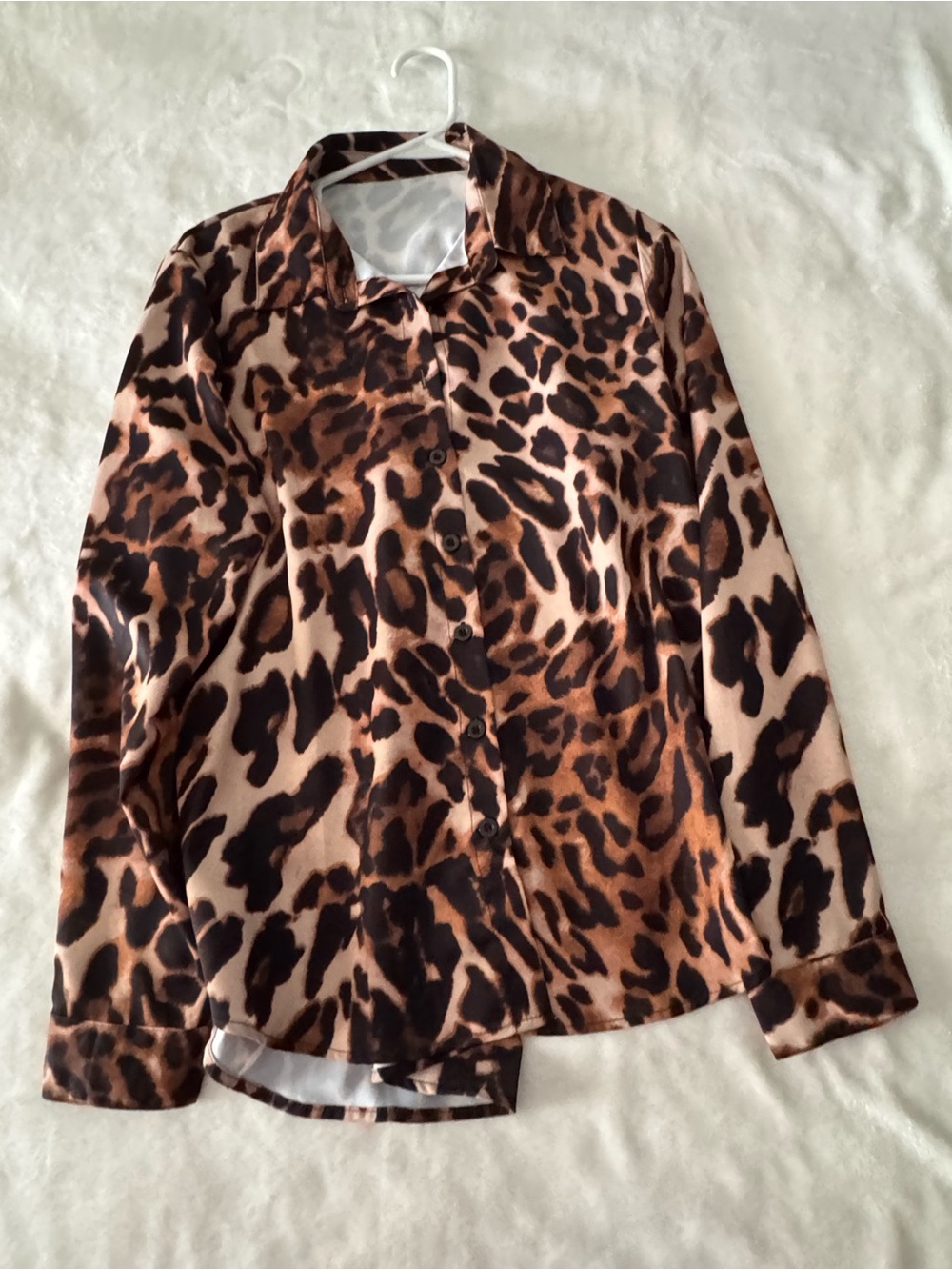 Leopard Print Satin Button-Up Blouse - Brown